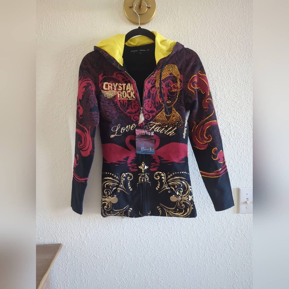 Christian Audigier Crystal Rock Jacket Womens  Swan Y2K Rhinestone Hoodie XS